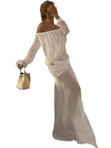 Vestido Transparente Malla Cuello Descubierto Color Liso Nueva Llegada Mujer - Blanco - Ver 4