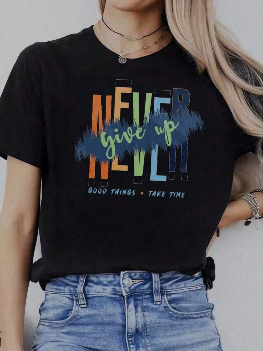 Women's Casual Short Sleeve Crew Neck T-Shirt, Urban Style With Creative Prints, Simple Design, Ideal For Leisure Time, Modern And Individualistic, Also A Good Gift Choice. - 藍色 - 查看 1