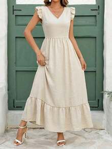 Vestido largo elegante de mujer con cintura fruncida y volantes, vestido de verano para vacaciones, vestido para citas - Albaricoque - Ver 9