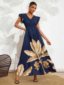 Vestido largo elegante de mujer con cintura fruncida y volantes, vestido de verano para vacaciones, vestido para citas - Multicolor - Ver 8