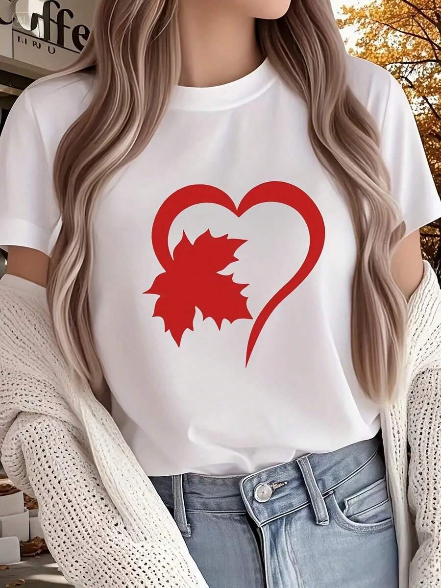Camiseta de diseño sencillo para mujer con estampado canadiense - Diseño de corazón rojo y hoja de arce - Camiseta negra con los colores de la bandera canadiense - Top casual suave - Adecuada para el Día de Canadá, el Día de Acción de Gracias y el uso diario - ¡Exprese su orgullo canadiense! Ligeramente elástica, fácil de lavar a máquina. Elegante y práctica para el verano. - Blanco - Ver 1