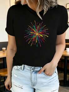 Camiseta de verano para mujer de manga corta con estampado, moderna y casual, lavable a máquina, ajuste cómodo con estampado plano 2D. - Negro_01 - Ver 8