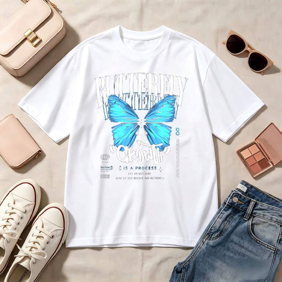 Casual Crewneck, Butterfly Print, Oversized 100% Cotton Soft Breathable Short Sleeve Top, Streetwear Summer Vibes Aesthetic Fashion For Women And Men - Blanco - Ver 1