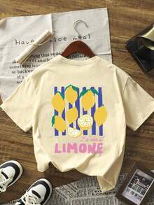 Camiseta de manga corta de cuello redondo con estampado de limón y letra INS, de moda simple y versátil, adecuada para mujeres,Playera Gráfica Oversized Mujer Verano Casual - Amarillo - Ver 3