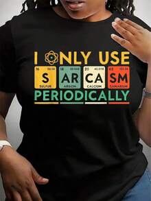 Women's T-Shirt With 'Women's Sarcasm Science' Print, Round Neck, Geometric Pattern, Casual Knit Fabric For All Seasons, Regular Fit, 230 G/M² - Print 'I Only Use Sarcasm Periodically' - 黑色 - 查看 1