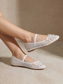 Womens Fashionable Mesh Ballet Flats Rhinestone Decoration Round Toe Bow Tie Slip On Mary Jane Flat Shoe For Ladies Dressy Casual Ballerina Party Wedding Dressy Dance Beach Chic Spring Summer Sandals For Women - 白色 - 查看 3