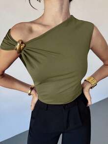 Asymmetrical Off-The-Shoulder Top With Metallic Embellishments, Stylish And Casual, Suitable For Going Out, Parties, And Other Occasions/Autumn For Women/Halloween Costume For Women/Red Christmas T-Shirt/New Year's Top/Elegant Top For Women - 軍綠色 - 查看 6