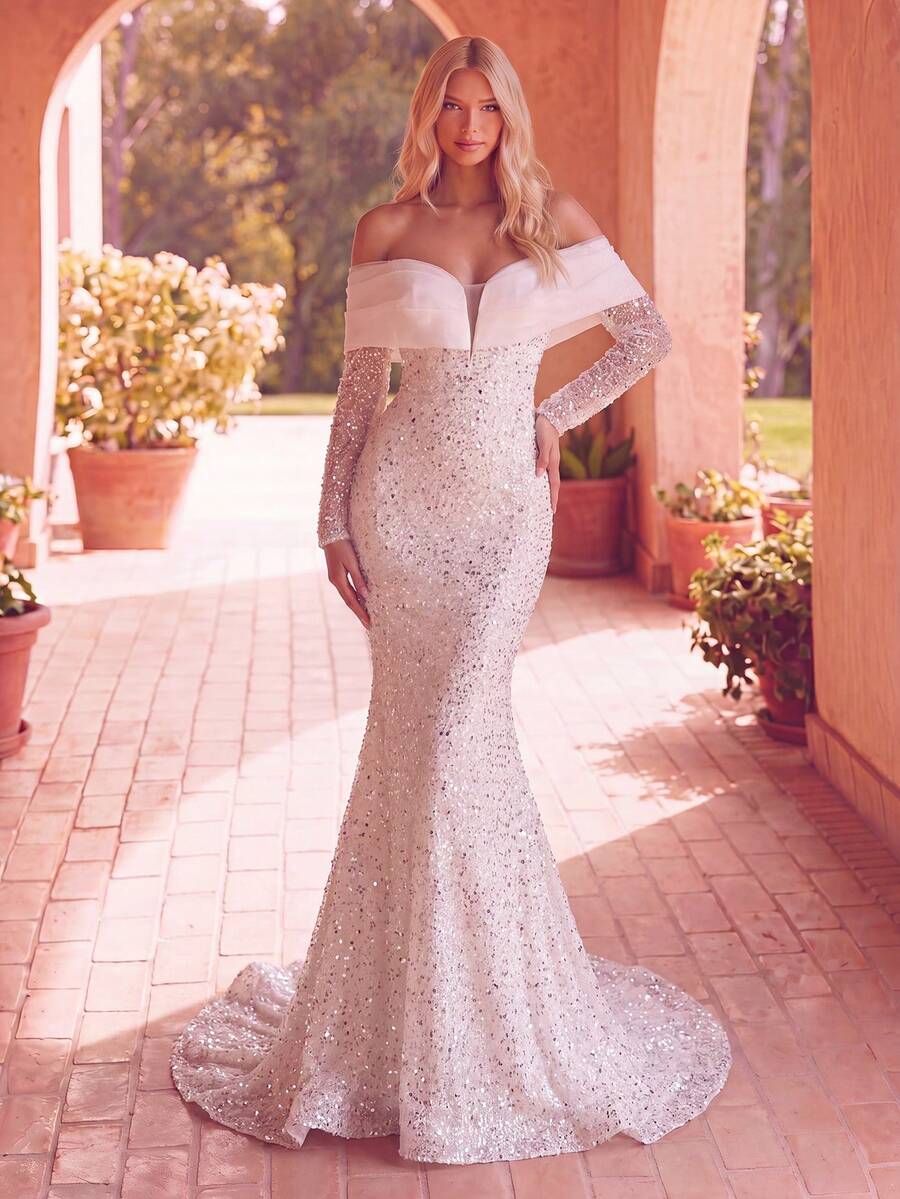 Elegantes Off-Shoulder langes Hochzeitskleid, verziert mit paillettenbesetzten langen Ärmeln, romantisches perlenbesticktes Abendkleid - Weiss - Übersicht 1
