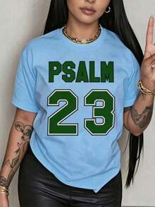 Women's Christian Faith T-Shirt With Psalm 23 Bible Verse - Soft And Breathable, 100% Casual, Crew Neck, Short Sleeve, Suitable For Church, Casual Wear And Personal Expression - Machine Washable, White And Green Lettering - Ideal Gift For Believers - Artistic Geometric Design, Loose Fit For Spring And Summer, Fashionable And Comfortable For Everyday Wear - 藍色 - 查看 7