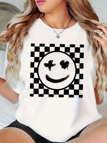 100% cotton Camiseta de manga corta para mujer con diseño de cuadros moderno y estampado de cara sonriente para el verano - Blanco - Ver 7