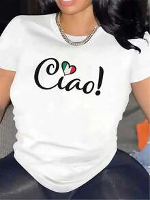100% cotton Camiseta de manga corta con diseño de corazón y bandera italiana Ciao, hecha de fibra de poliéster, ligera y duradera, perfecta para uso casual en restaurantes o en casa, ajuste cómodo para uso diario - Blanco - Ver 1
