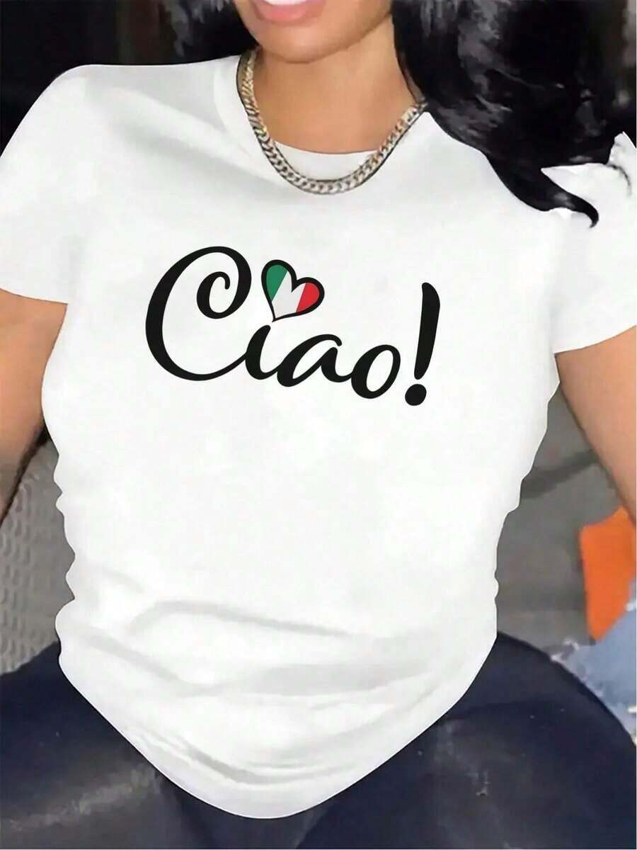 100% cotton Camiseta de manga corta con diseño de corazón y bandera italiana Ciao, hecha de fibra de poliéster, ligera y duradera, perfecta para uso casual en restaurantes o en casa, ajuste cómodo para uso diario - Blanco - Ver 1