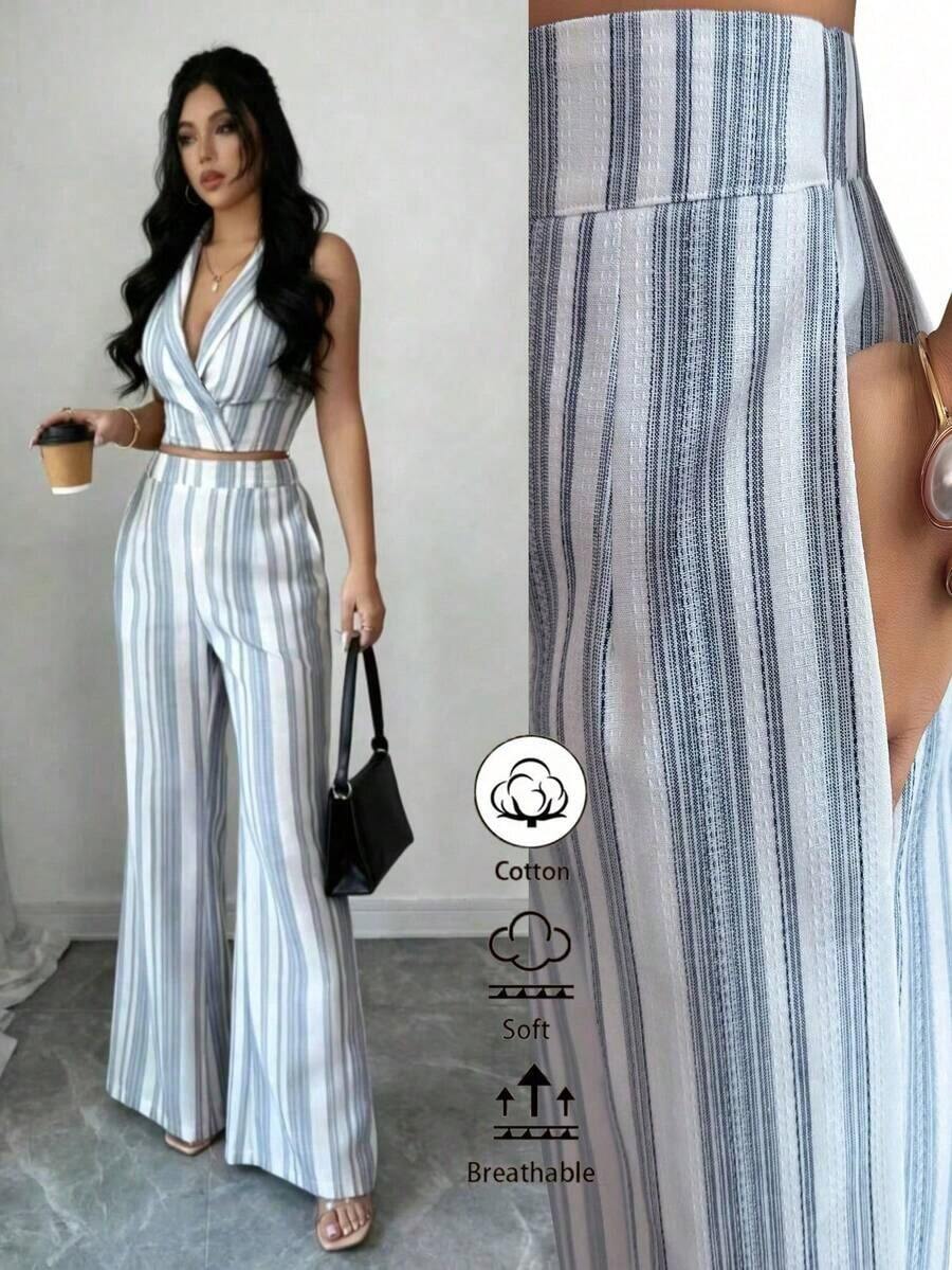 conjunto de 2 piezas de primavera/verano con top sin mangas de lino texturizado a rayas azul y blanco, y pantalones casuales acampanados con bolsillos duales, elegante estilo casual - Multicolor - Ver 1