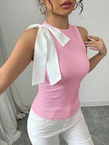 Camiseta sin mangas de mujer con contraste de color y lazo - Rosa - Ver 4