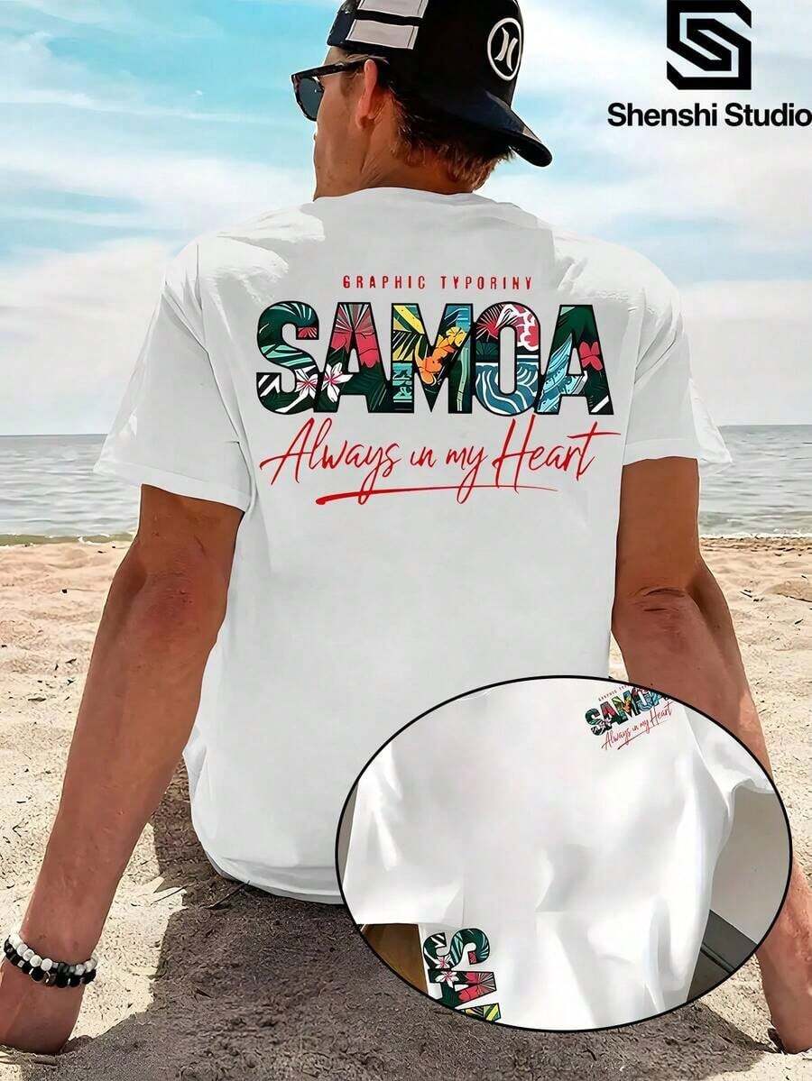 Bonita camiseta celeste con diseño floral "Samoa Always in my Heart", estilo tropical ideal para amantes de la cultura polinesia. - Blanco - Ver 1