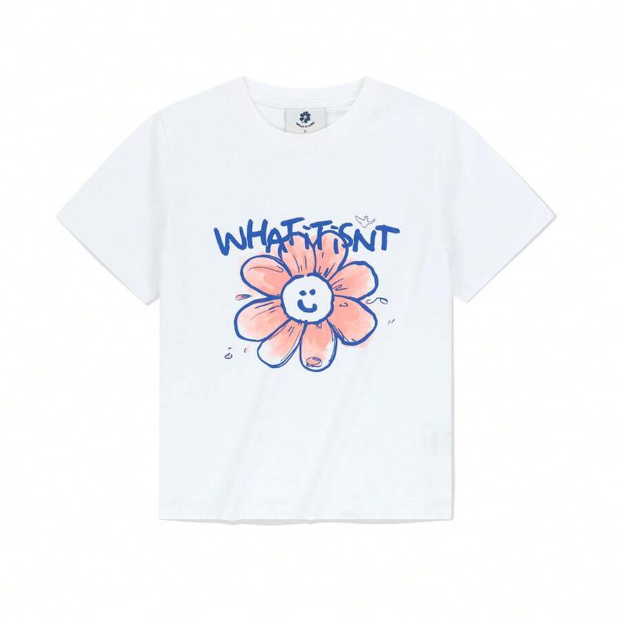 Correct Version: Short-Sleeved Floral Print T-Shirt From The Korean Fashion Brand Little Flyman, Loose, Versatile, Casual, Round Neck For Women, Summer Round Neck T-Shirts, Comfortable, Loose And Fashionable. - 白色 - 查看 1
