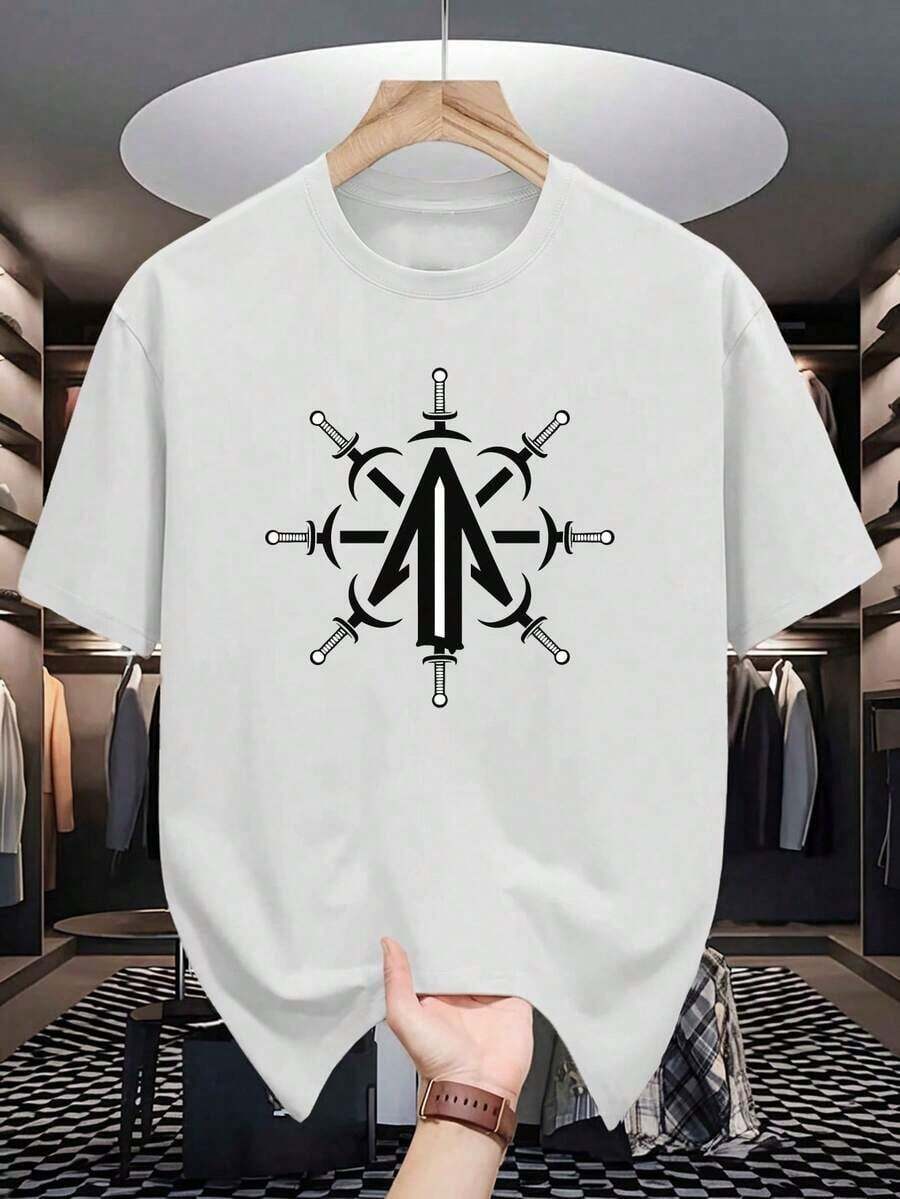 Men's And Teens' Short-Sleeved T-Shirts: Casual Round Neck, Arrow Print, Breathable Spring And Summer Clothing, Basic And Versatile Style (Available In Various Sizes). - 杏色 - 查看 1