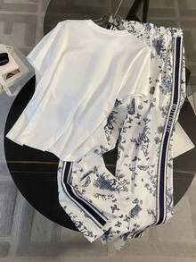 Conjunto casual de 2 piezas para mujer con cuello redondo, manga corta, estampado de langosta a rayas, para verano - Blanco - Ver 2