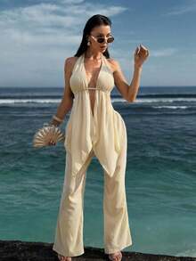 Conjunto de top con escote halter y espalda descubierta con volantes en el bajo y pantalones de pierna ancha, conjunto de ropa sexy para vacaciones/citas - Blanco - Ver 4