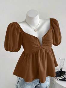 Blusa casual elegante de mujer con cuello en V profundo y plisado en color rojo - Marrón - Ver 7