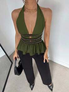Nuevo top halter de verano con diseño de cintura con remaches para mujeres - Verde militar - Ver 5