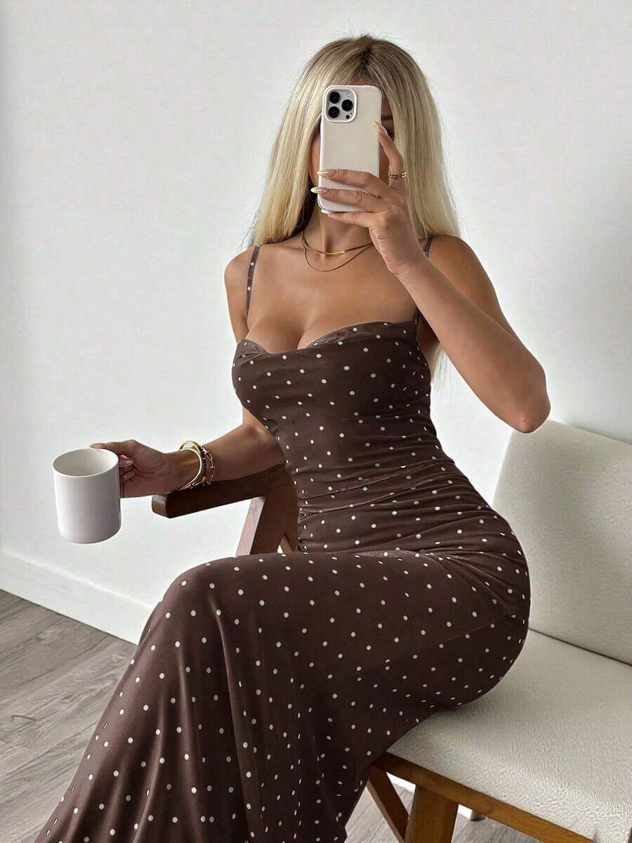 Vestido sin mangas con lunares negros para mujer - Marrón - Ver 1