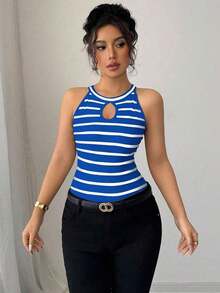 Camiseta ajustada y sexy con diseño hueco y cuello halter a rayas para mujeres - Azul - Ver 6