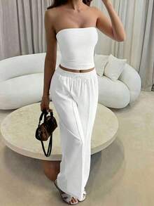 Conjunto de 2 piezas de ropa de otoño Vaiaye: Top corto ajustado y sexy sin tirantes, camiseta básica de unicolor elástica y ajustada, top tipo bandeau para yoga; Conjunto de pantalones para primavera/verano - Blanco - Ver 8