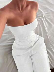 Conjunto de 2 piezas de ropa de otoño Vaiaye: Top corto ajustado y sexy sin tirantes, camiseta básica de unicolor elástica y ajustada, top tipo bandeau para yoga; Conjunto de pantalones para primavera/verano - Blanco - Ver 10