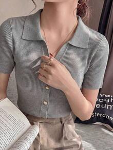 de punto con cuello polo y mangas raglán cortas para mujer, ligera y versátil, ideal para primavera/verano - Gris - Ver 4
