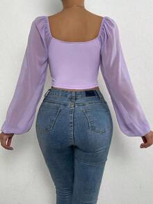 Blusa de manga farol con cuello de corazón y pliegues, corta - Lila Púrpura - Ver 2