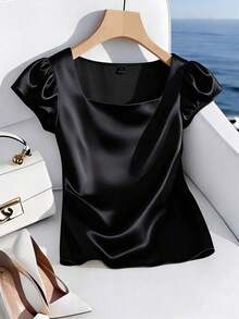 Blusa casual elegante de satén con cuello cuadrado francés, mangas de pétalos y pliegues, adecuada para ir al trabajo, uso diario, reuniones y fiestas, primavera/verano - Negro - Ver 6
