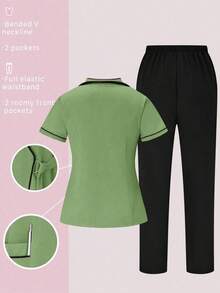Conjunto de uniformes médicos: Parte superior de cuello en V de manga corta y pantalones para trabajadores de la salud - Verde - Ver 2