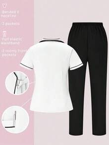 Conjunto de uniformes médicos: Parte superior de cuello en V de manga corta y pantalones para trabajadores de la salud - Blanco - Ver 2