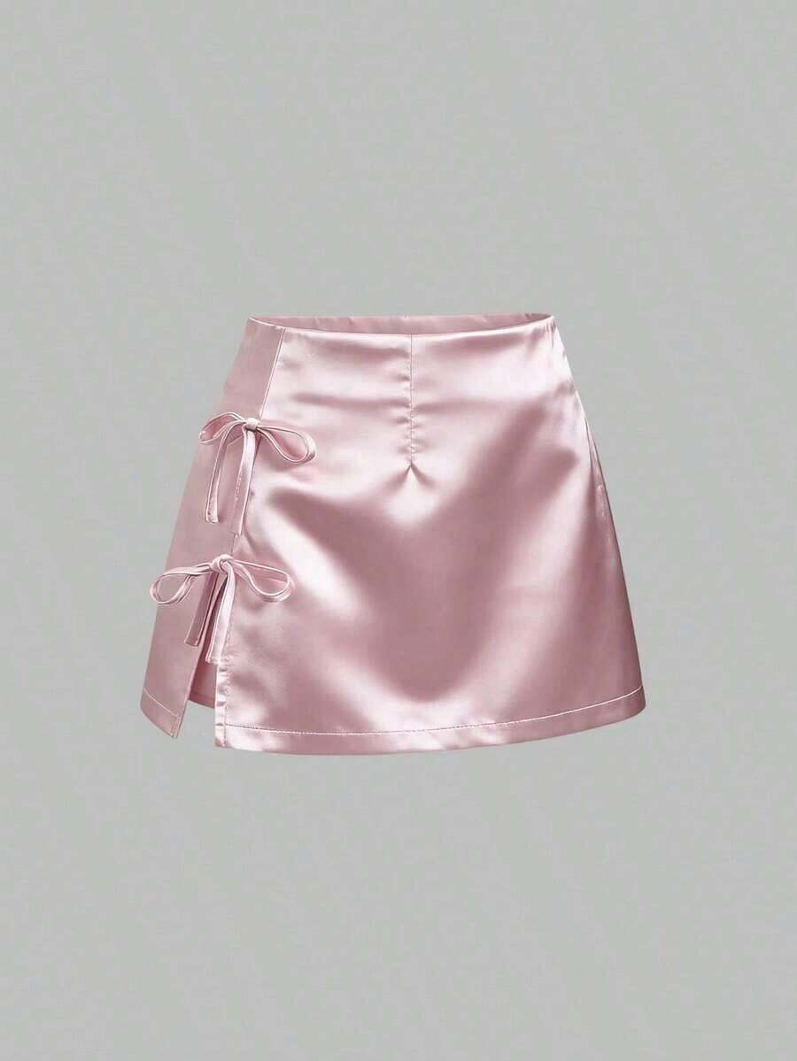 Minifalda de satén rosa con abertura y lazo, estilo A-line, sexy, adecuada para uso diario - Rosa - Ver 1