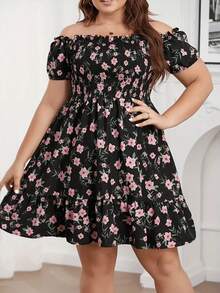 Vestido con estampado floral, hombros descubiertos, volantes fruncidos y bajo con volante para vacaciones y playa para mujer talla grande - Negro - Ver 8