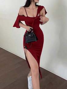Mujeres elegante vestido ajustado con tirantes y chaqueta corta abierta de frente, traje de dos piezas - Burdeos - Ver 3