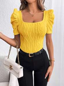 Privé Camiseta De Cuello Cuadrado Y Manga Corta Ajustada Con Textura - Amarillo - Ver 4