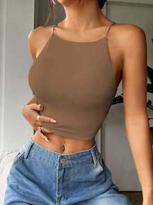 Top Corto Ajustado Y Sin Mangas En Color Sólido Para Mujer Con Cuello Halter - Café integral - Ver 7