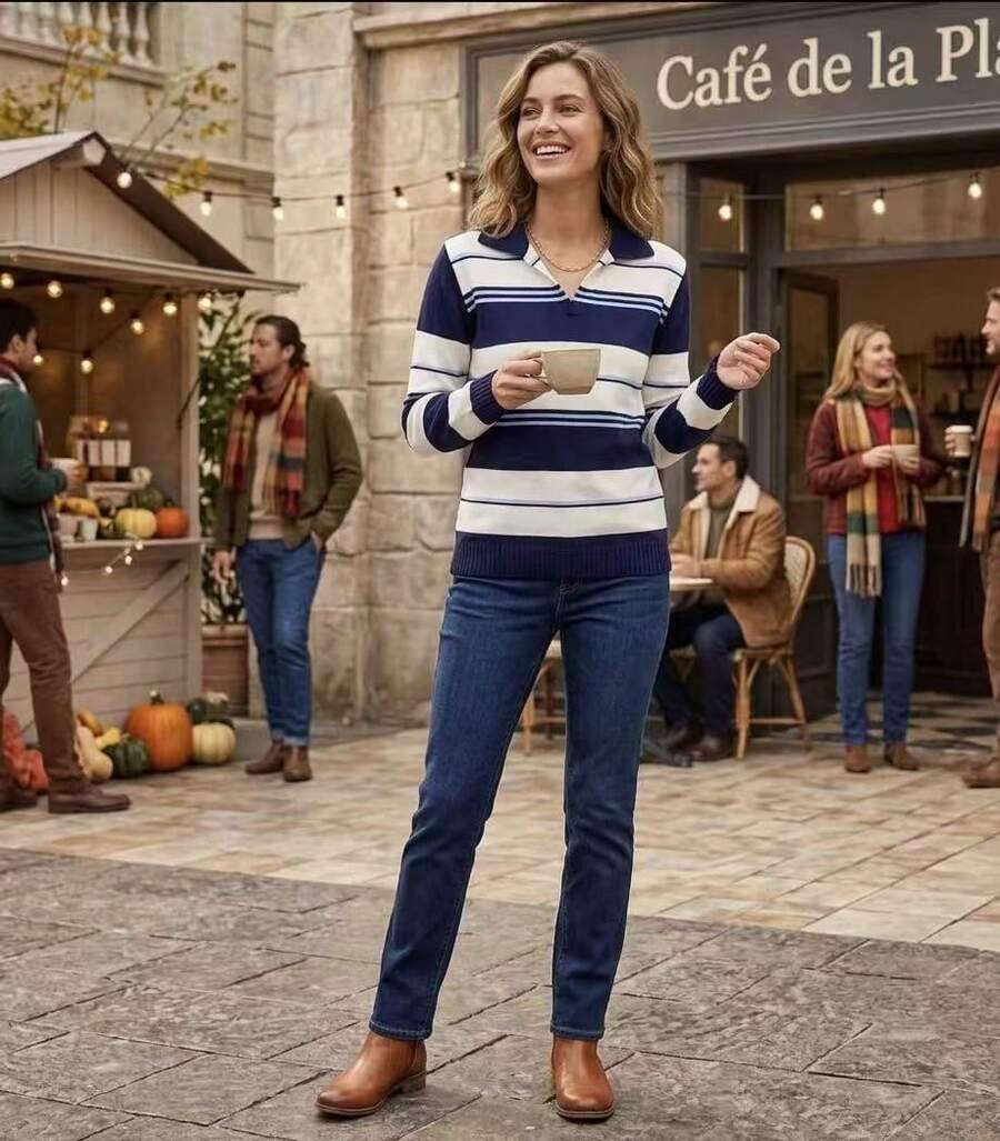 Striped Long-Sleeved Knit Shirt - Navy Blue - View 1
