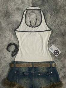 Camiseta de tirantes de ajuste ceñido con cuello halter, color liso y corta, de estilo minimalista y casual para mujer, de verano - Multicolor - Ver 2