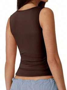 Camiseta de tirantes de unicolor negro como capa base de ropa casual de mujer para el verano y otoño - Marrón - Ver 2