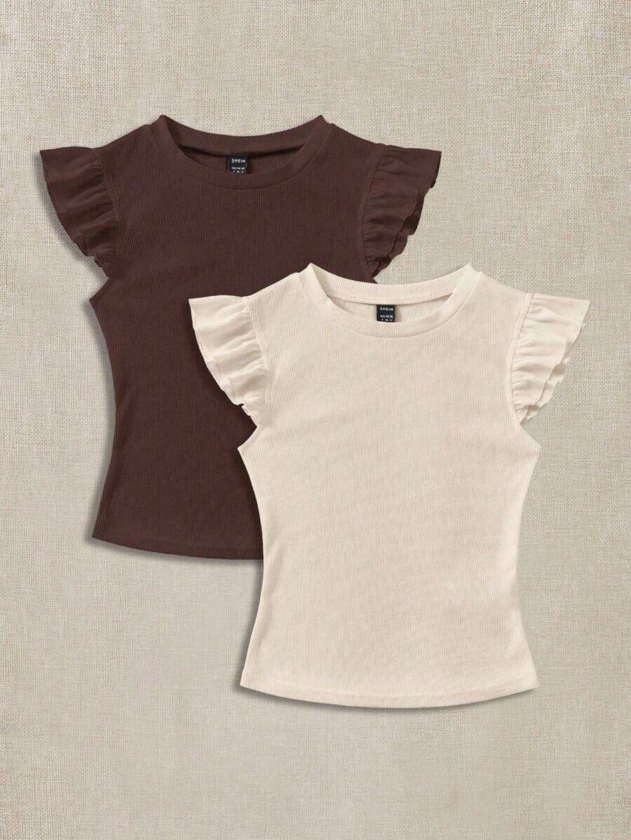 Set de 2 tops de camiseta de cuello redondo ajustados de tela acanalada en negro y rojo rosa, apropiados para verano con mangas con volantes, adecuados para salir - Multicolor 10 - Ver 1