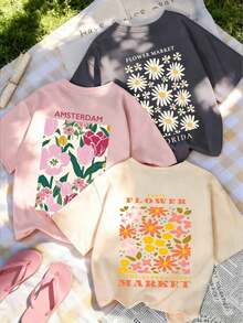Floral Print Short-Sleeve T-Shirts, New. Single Garment, Not A 3-Piece Set. 1 Piece/Set Of Short-Sleeve T-Shirts Suitable For Streetwear. Oversized Round Neck Top For Daily Outings, Camping, Concerts, Hip-Hop, Rock, And Rap Events. Casual And Loose-Fitting Vacation-Style Blouses With A Round Neck And Cute Designs. Fashionable Everyday Tops, Suitable For Holidays Such As Valentine's Day, Back To School, And Teacher's Day. Letter Print, Soft, Loose, And Comfortable. Casual Short-Sleeve Vacation Tops For Summer. - 黑色 - 查看 8