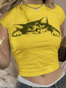 Camiseta casual de manga corta y cuello redondo con estampado de gatos y corte en el abdomen, camisetas gráficas de verano para mujeres - Amarillo - Ver 1