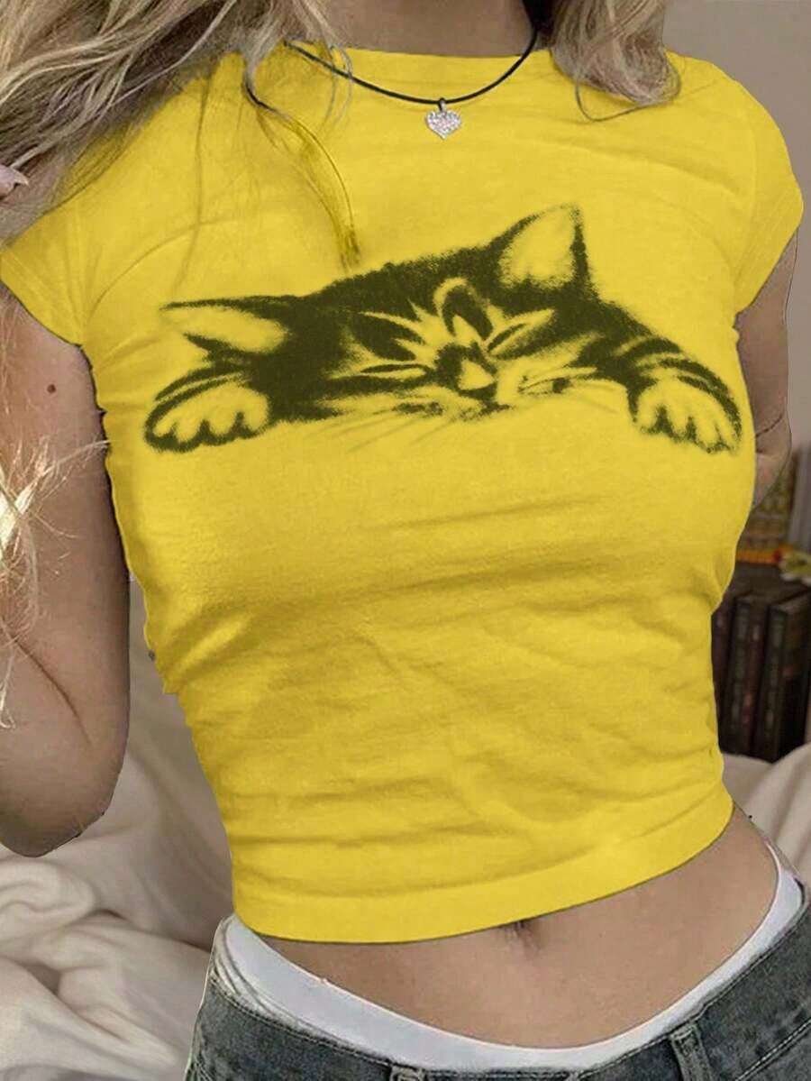 Camiseta casual de manga corta y cuello redondo con estampado de gatos y corte en el abdomen, camisetas gráficas de verano para mujeres - Amarillo - Ver 1