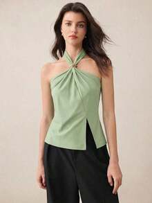 Top con cuello de halter, diseño de botón de metal verde, abertura lateral, elegante y chic para uso urbano y diario, estilo romántico retro de los 90.Adecuado para Navidad, Año Nuevo, San Valentín, fiestas, playa, graduación, moda, carnaval, bod - Verde - Ver 6