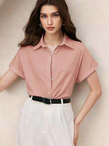 Nueva llegada Camisa casual de manga corta con botones delanteros de unicolor, adecuada para uso diario, primavera/verano - Rosa vieja - Ver 4