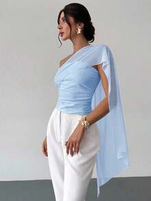 Blusa ajustada con volantes asimétricos de malla de punto con hombro asimétrico y empalme, elegante y casual, versátil, azul, adecuada para vacaciones, playa, atuendo de verano - Celeste - Ver 6