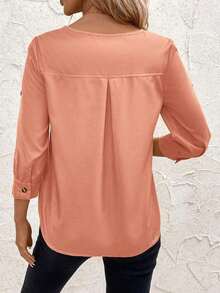 Clasi Blusa casual sencilla para uso diario con cuello redondo, manga corta y botones delanteros para mujer - Naranja Coral - Ver 3